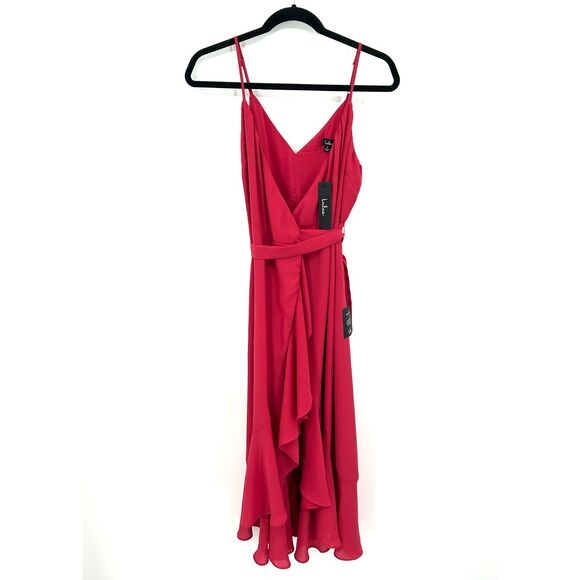 NWT LULUS Manhattan Moment Berry Pink High Low Ruffled Midi Wrap Dress Small - Picture 2 of 7